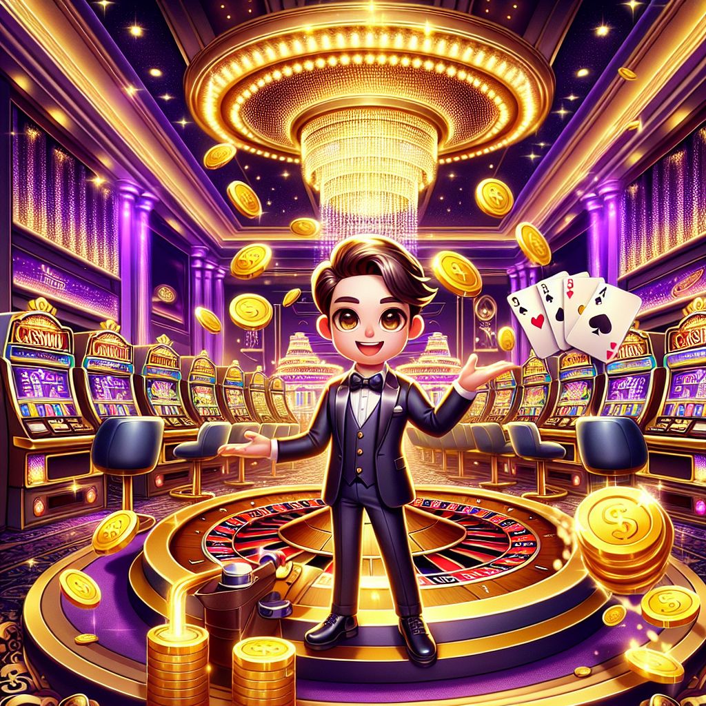 333bat casino themed character surrounded by slot machines and golden coins